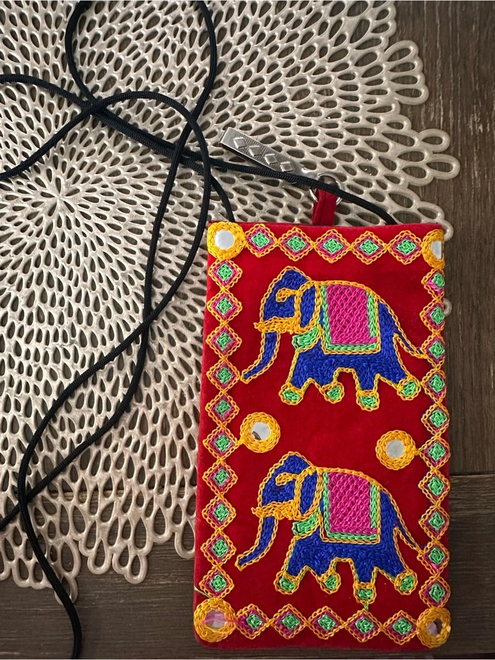 Red Embroidered Kids Crossbody Pouch with Colorful Elephant Motif